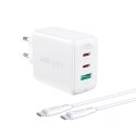 Acefast 2w1 ładowarka sieciowa 2x USB-C / USB-A 65W, PD, QC 3.0, AFC, FCP (zestaw z kablem USB-C 1.2m) biały (A13 white)