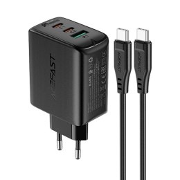 Acefast 2w1 ładowarka sieciowa 2x USB-C / USB-A 65W, PD, QC 3.0, AFC, FCP (zestaw z kablem USB-C 1.2m) czarny (A13 black)